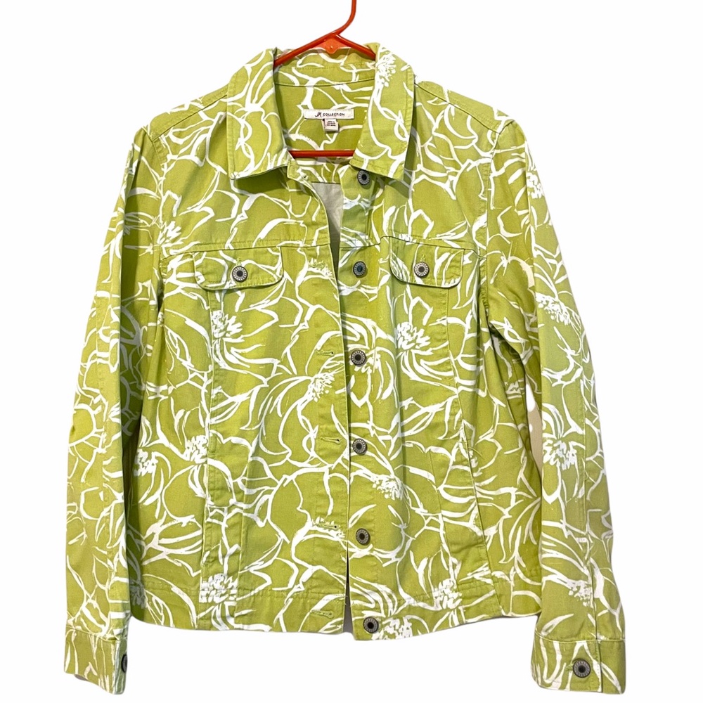 JM Collection Lime Green White Floral Jean Jacket Size 10